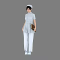 A Woman Dressed In Light Blue Nurse Uniform With White Cap Pants And Shoes Standing
