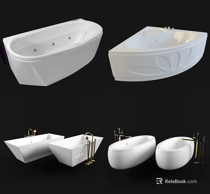 Modern White Freestanding And Corner Bathtub Designs With Gold Faucets 3d model 