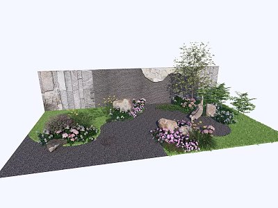Charming Garden Landscape with Colorful Flowers Green Grass Decorative Stones Small Tree and Stone Wall 3d model