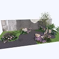 Charming Garden Landscape with Colorful Flowers Green Grass Decorative Stones Small Tree and Stone Wall