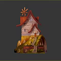 Cartoon Scene With Red Roof House Windmill Small Hill And Staircase