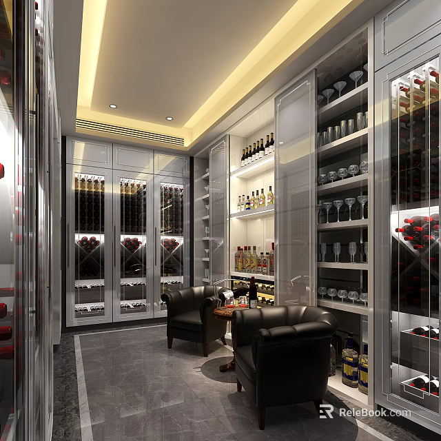Luxurious Wine Cellar Interior Design With Stainless Steel Racks Wine Bottles Glasses And Leather Sofas 3d model 