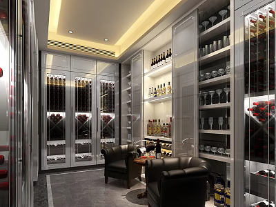 Luxurious Wine Cellar Interior Design With Stainless Steel Racks Wine Bottles Glasses And Leather Sofas 3d model