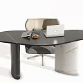 Modern Dark Marble Office Desk With Laptop Magazine And Comfortable Chair Setup