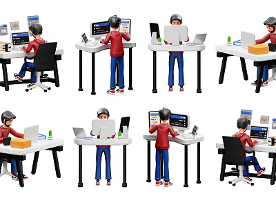 Decorative Office Figurine Set with Multiple Characters Working on Laptops Tablets and Desks 3d model