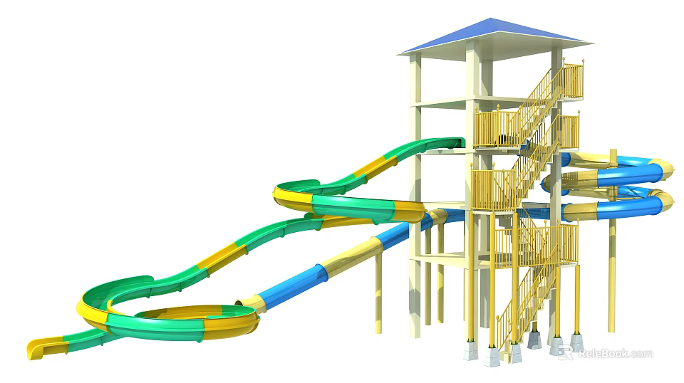 Colorful Water Slide Amusement Equipment With Tower Stairs And Observation Deck 3d model 