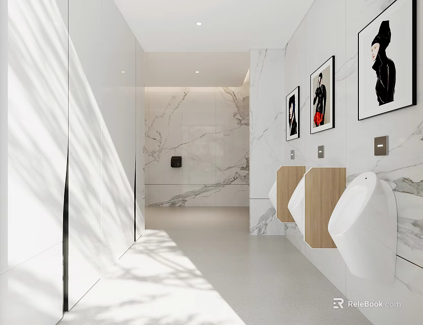 Modern Public Restroom Featuring White Marble Walls Wall Art And Urinals 3d model 