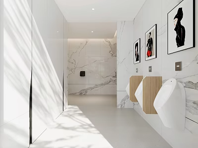 Modern Public Restroom Featuring White Marble Walls Wall Art And Urinals 3d model