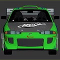 Green Modified Racing Car With Blue Orange Flame Decals Rear Spoiler SHAD Logo White Wheels