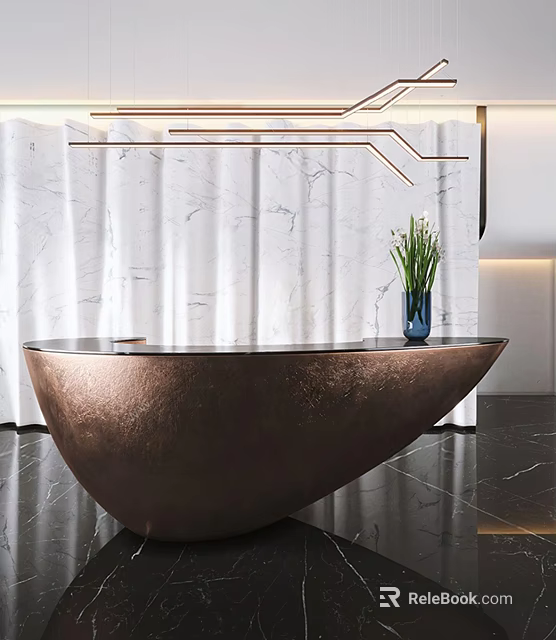 Modern Copper Curved Reception Desk Design With Marble Wall And Green Plant Vase 3d model 