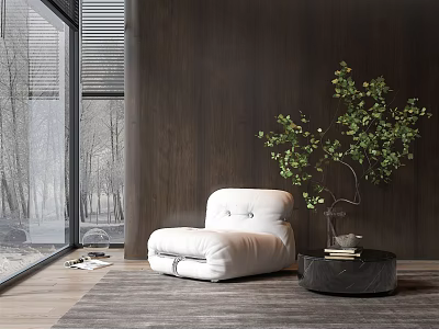 White Single Sofa With Black Side Table Green Plant On Gray Carpet And Wooden Wall 3d model