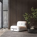 White Single Sofa With Black Side Table Green Plant On Gray Carpet And Wooden Wall