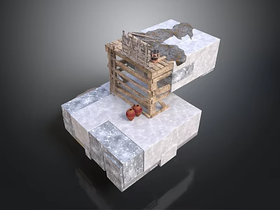 Stacked Gray Stone Block Scene With Wooden Frame And Red Decorations 3d model