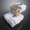 Stacked Gray Stone Block Scene With Wooden Frame And Red Decorations