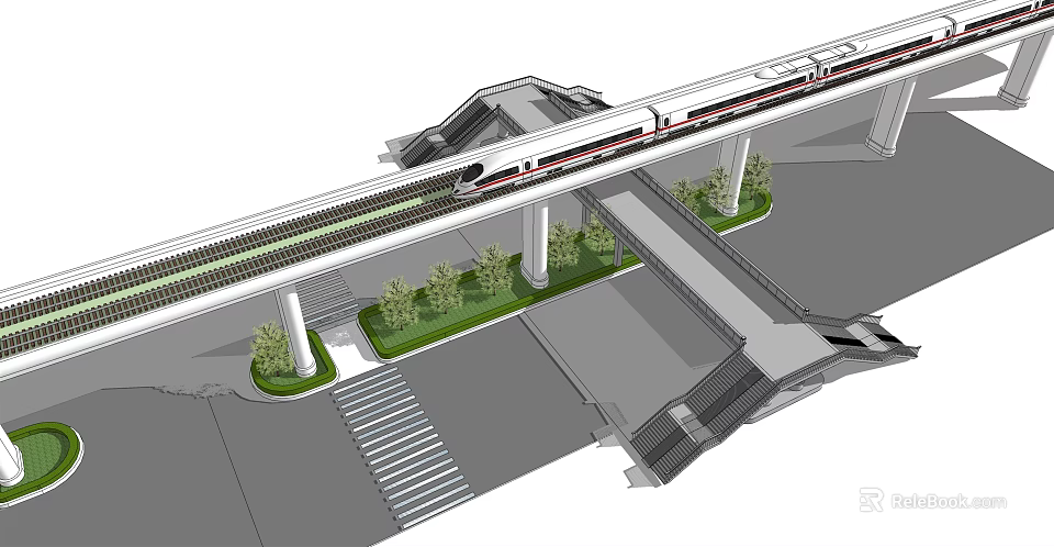 High Speed Train Running On Elevated Track With Green Plants And Concrete Pillars 3d model 
