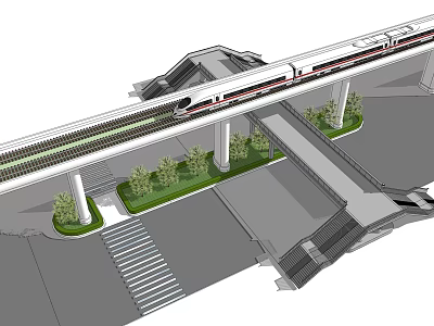 High Speed Train Running On Elevated Track With Green Plants And Concrete Pillars 3d model