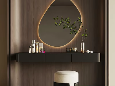 Modern Black Dressing Table with Illuminated Oval Mirror Skincare Products and Green Plant 3d model