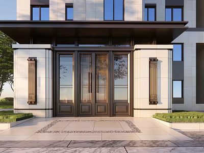 Elegant Modern Entrance Gate With Glass Panels Stone Columns And Decorative Pavement 3d model