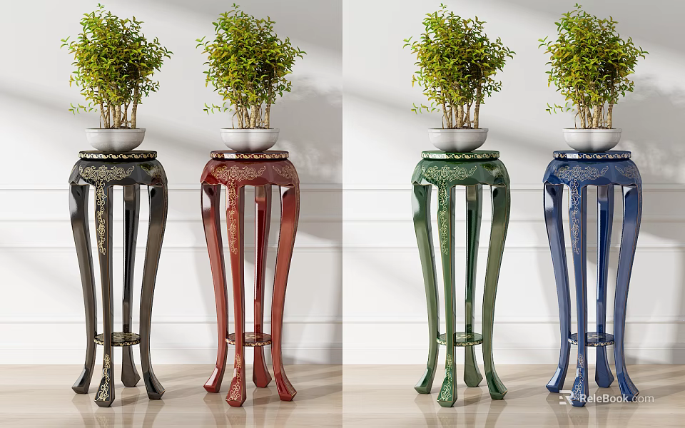 Colorful Ornate Plant Stands Holding Potted Green Plants For Garden Decor 3d model 