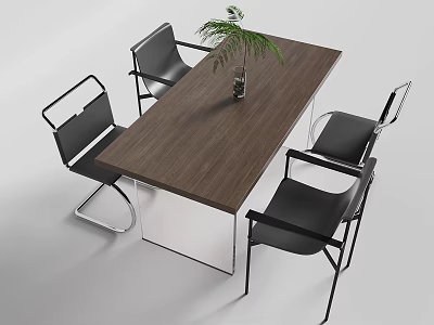 Modern Wooden Dining Table Set With Black Metal Frame Chairs And Potted Plant 3d model