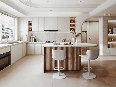 Modern Kitchen Interior Design With White Cabinets Central Island And White Bar Stools 3d model