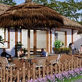 Traditional Thatched Roof Homestay Building with Wooden Veranda Purple Flowers Green Plants and Leisure Area