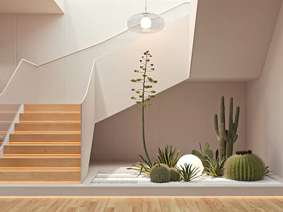 Indoor Staircase Space With Wooden Steps White Railings And Cacti Plants 3d model