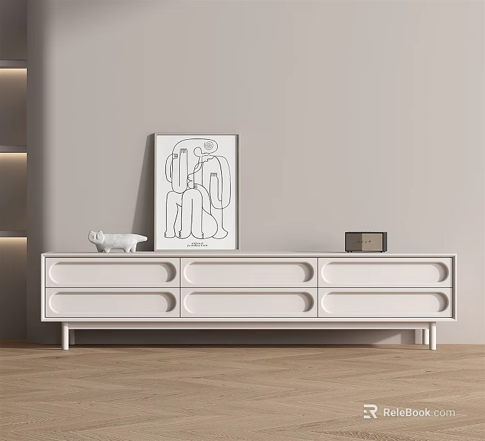 Modern White TV Stand With Drawers Featuring Decorative Artwork And Small Sculpture 3d model 