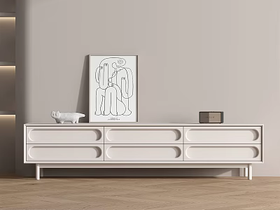 Modern White TV Stand With Drawers Featuring Decorative Artwork And Small Sculpture 3d model