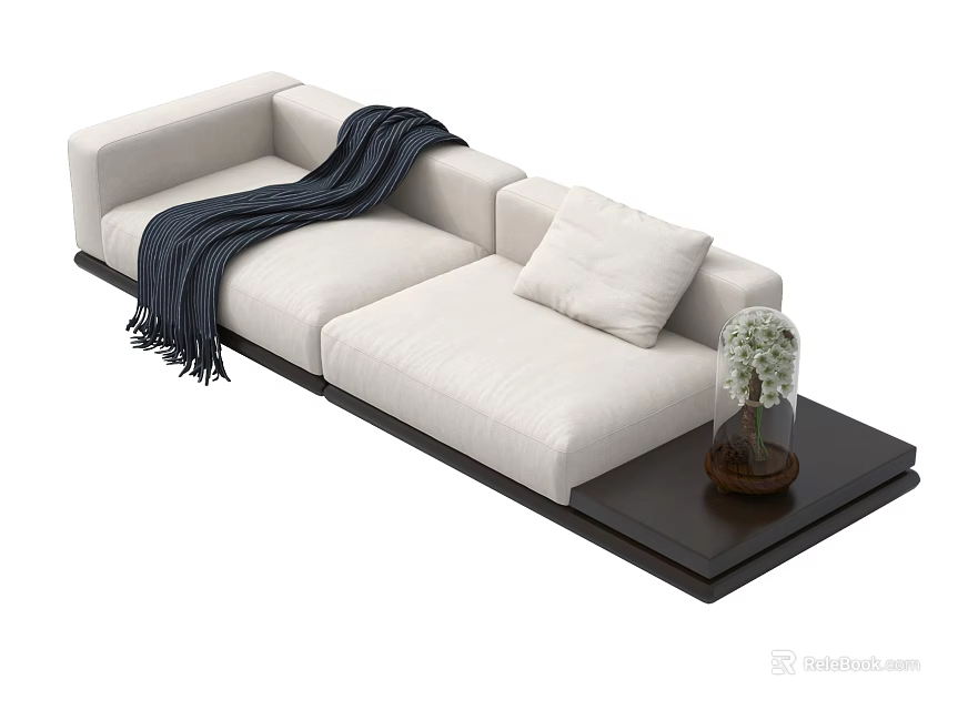 Light Colored L Shaped Sectional Sofa Set With Blanket Pillow And Side Table Plant 3d model
