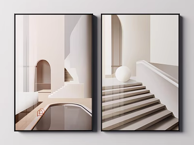Modern Minimalist Wall Art Featuring Staircase Archway And Sphere Decoration In Beige Tones 3d model