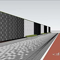 Geometric Patterned Feature Wall Along Urban Paved Walkway Bicycle Lane And Trees