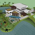 Modern Detached Villa Exterior With Large Windows Balcony Palm Trees And Green Lawn
