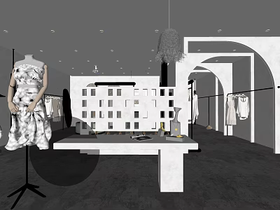 Fashion Clothing Store Interior With Mannequin Hanging Clothes Display Table And Pendant Light 3d model