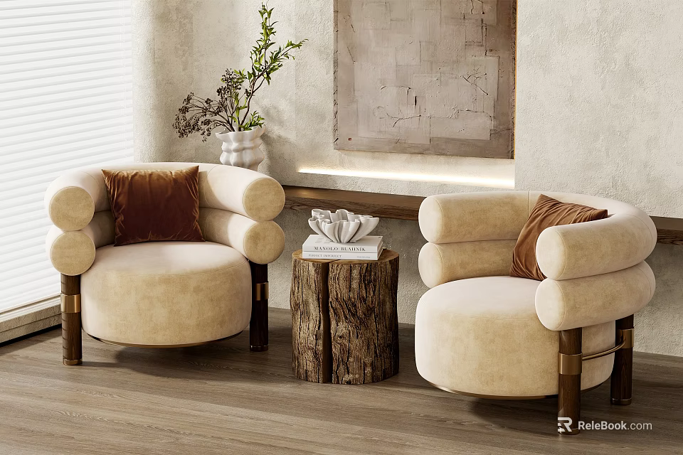 Single Beige Sofas with Brown Cushions Wooden Table Decorative Item Abstract Painting and Plant 3d model 