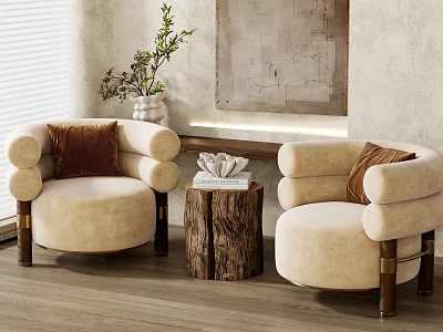 Single Beige Sofas with Brown Cushions Wooden Table Decorative Item Abstract Painting and Plant 3d model