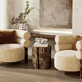 Single Beige Sofas with Brown Cushions Wooden Table Decorative Item Abstract Painting and Plant