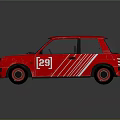 Red Small Car with White Stripes 129 Logo on Door and Pink Wheels