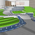 Water Fountain With Curved Water Pools Stone Steps And Lush Green Plants In Modern Lobby