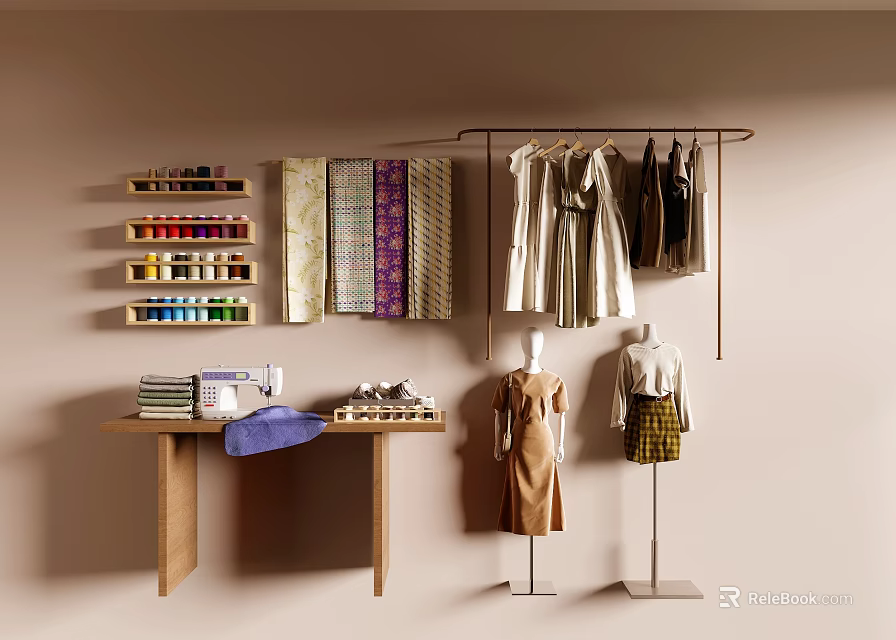 Clothes on Rack with Mannequins Sewing Machine Fabrics and Thread Spools Table 3d model 
