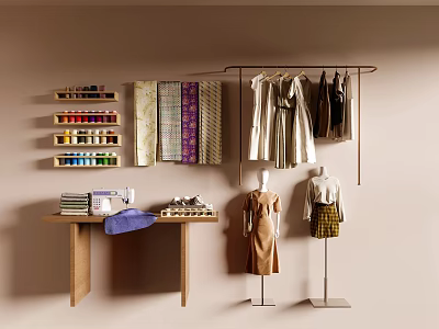 Clothes on Rack with Mannequins Sewing Machine Fabrics and Thread Spools Table 3d model
