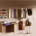 Clothes on Rack with Mannequins Sewing Machine Fabrics and Thread Spools Table