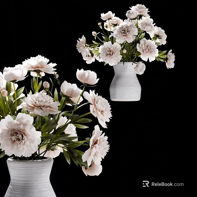 White Textured Ceramic Vase With Light Pink Blooming Peonies And Green Leaves 3d model 