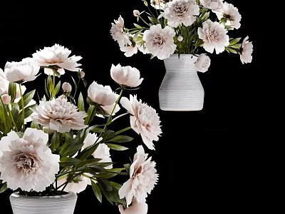 White Textured Ceramic Vase With Light Pink Blooming Peonies And Green Leaves 3d model