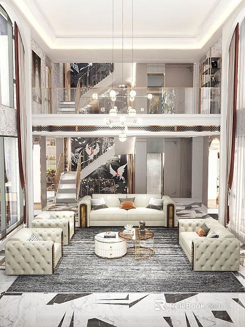 Luxurious Duplex Living Room With Art Wall Sofas Chandeliers And Staircase 3d model 