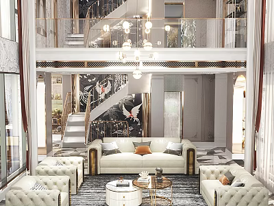 Luxurious Duplex Living Room With Art Wall Sofas Chandeliers And Staircase 3d model