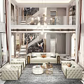 Luxurious Duplex Living Room With Art Wall Sofas Chandeliers And Staircase