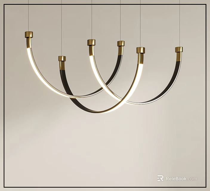 Modern Curved Pendant Chandelier With Brass Accents And Black Metal Frames Hanging In Interior 3d model 