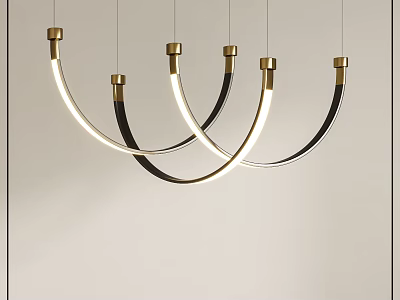 Modern Curved Pendant Chandelier With Brass Accents And Black Metal Frames Hanging In Interior 3d model