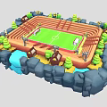 3D Model of Sports Stadium Building with Track Football Field Green Trees and Surrounding Rocks